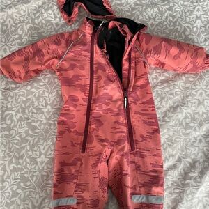 Polarn O. Pyret Coral and Black Snowsuit Rainsuit Like New Condition